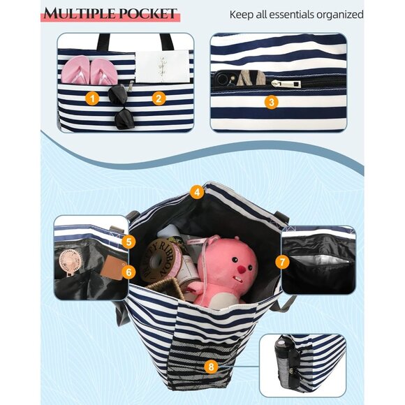 Women's Blue Stripe Tote Bag Large Utility Bag with Pockets Zip for Teacher Work - Picture 3 of 7